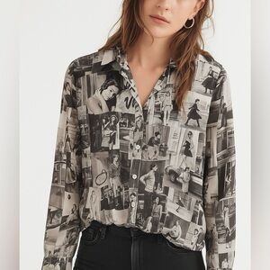 Icon Vintage Print Button Down Shirt Black White Movie Stars Grease L